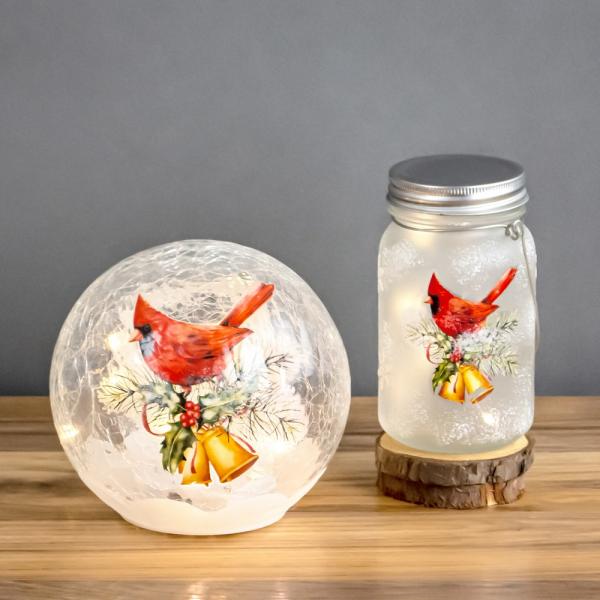 Bells and Cardinal LED Crackle Glass 6 inch Globe