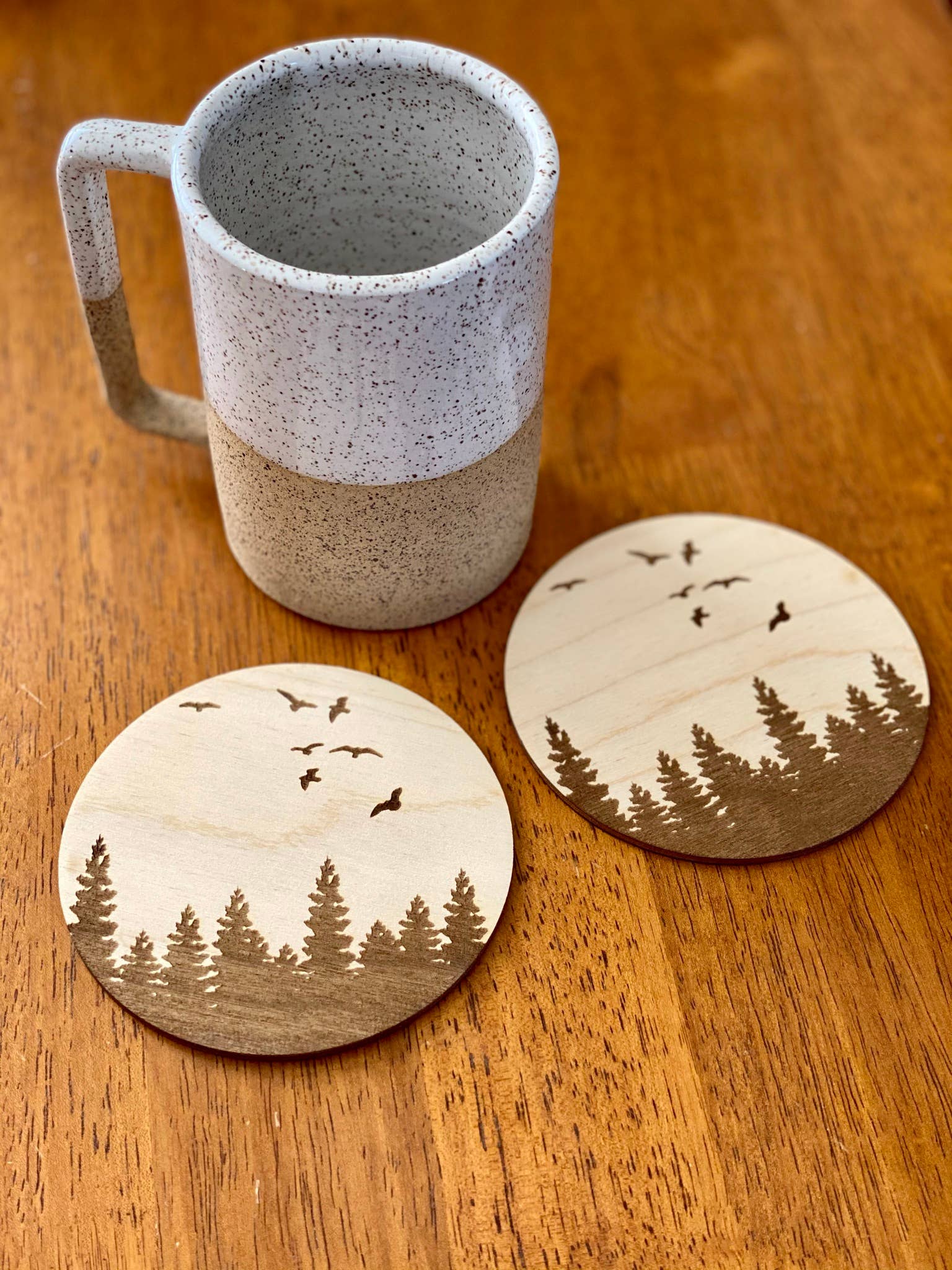 Pine Trees & Birds Engraved Wood Coasters